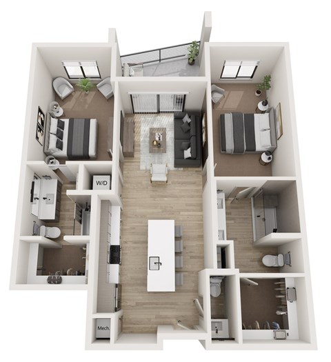Floor plan for 2 beds, 2.5 baths, 1187 sqft